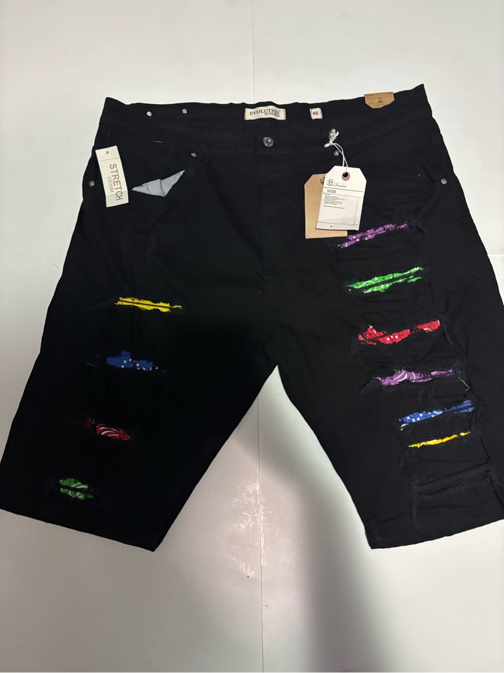 Evolution In Design 12 Denim Shorts Mens 46 Black Bandana Patch NWT